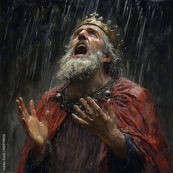 Fototapeta An intense portrayal of King Lear, drenched in rain, screaming at the stormy sky, capturing the depth of his madness and despair from Shakespeare’s tragedy.