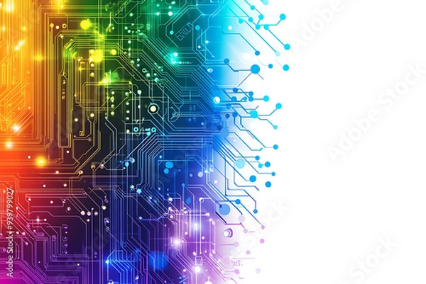 Fototapeta Bright abstract background featuring colorful circuit board lines and dots, symbolizing technology and digital connectivity.
