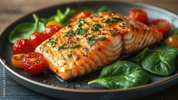 Fototapeta Grilled Salmon with Spinach and Cherry Tomatoes