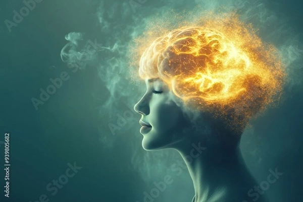 Fototapeta Profile of a woman with a glowing neural brain symbolizing deep thought and contemplation in a serene abstract environment