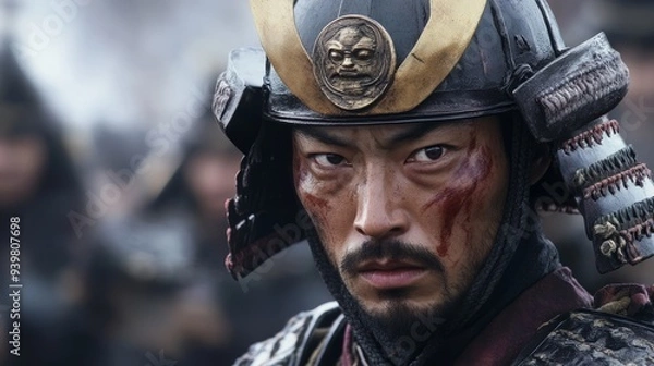 Fototapeta Fierce samurai with a bloodied face, ready for battle, set against a battlefield backdrop