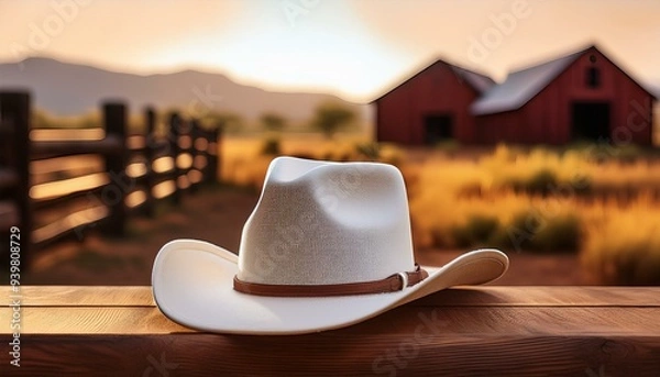 Fototapeta A white cowboy hat on the table and ranch in the background