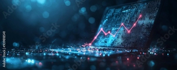 Fototapeta Futuristic laptop with rising digital graph in a glowing technological environment