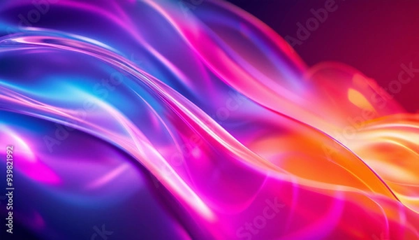 Fototapeta An abstract, digital artwork featuring fluid, wave-like shapes in a spectrum of vivid colors neon