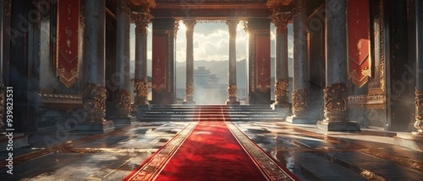 Fototapeta Red carpet leading to a king thrones inside of the palace castle