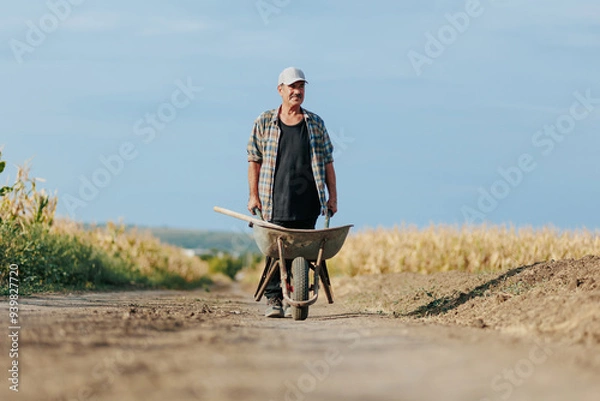 Obraz Senior Worker Walking with Wheelbarrow on Dirt Path Near Fields