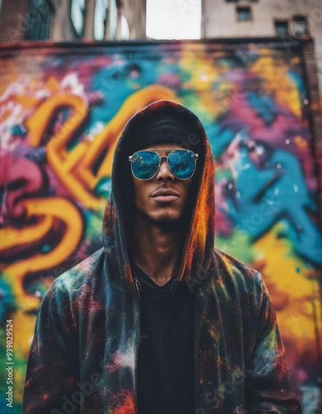 Fototapeta A dynamic image of a young man in a hoodie and sunglasses, spray-painting a colorful mural 