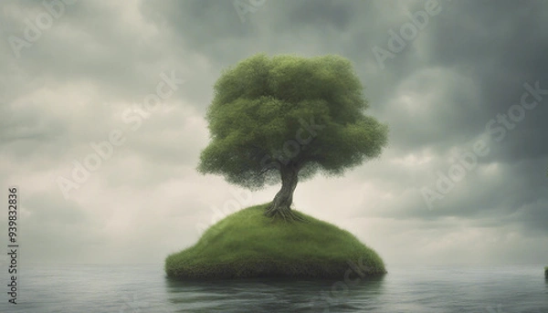 Fototapeta A small, grassy island floats in mid-air against a soft, cloudy sky. The island has a single tree 