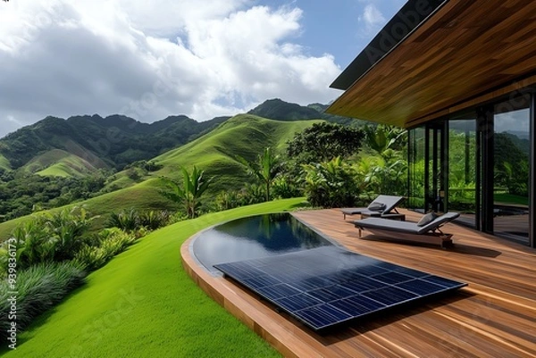 Fototapeta A serene landscape with a solar-powered home, surrounded by nature, emphasizing the harmony between energy savings and the environment