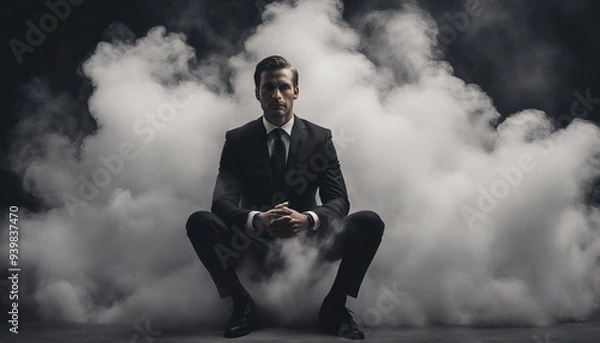 Fototapeta This image portrays a man dressed in a formal black suit and tie, sitting with his hands clasped 