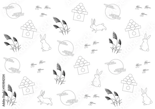 Fototapeta お月見の線画のパターンイラスト_黒
