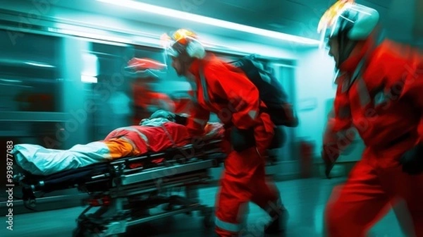 Fototapeta A group of paramedics rushing a patient into an emergency room on a stretcher, with medical staff ready to assist, capturing the urgency and dedication of first responders in a life-saving situation.
