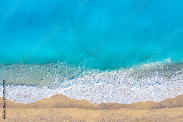 Fototapeta Top view aerial drone photo of Myrtos beach with beautiful turquoise water and sea waves. Vacation travel background. Ionian sea, Kefalonia Island, Greece