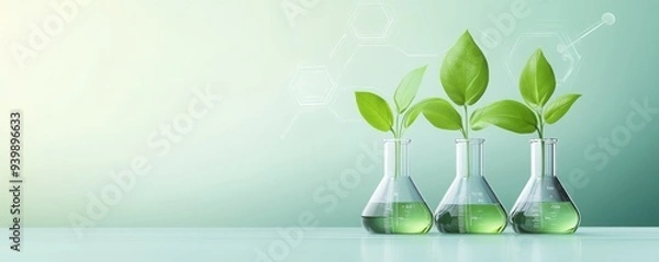 Fototapeta A serene image of laboratory flasks with green plants, symbolizing scientific research and environmental sustainability.