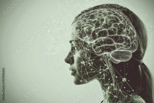 Fototapeta Profile of a woman with a glowing brain symbolizing the intricacies of the human mind cognitive processes and the delicate balance between intellect and emotion