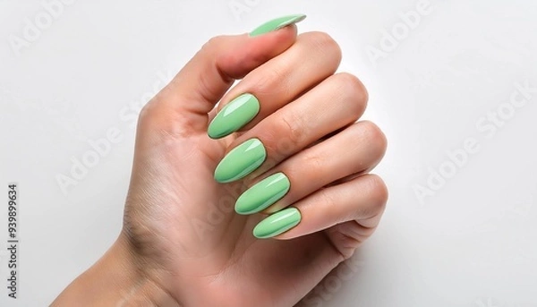 Fototapeta A hand with mint green nails, set against a clean white background, creates a fresh and modern look. The minimalist composition emphasizes the smooth, vibrant color and sleek design.