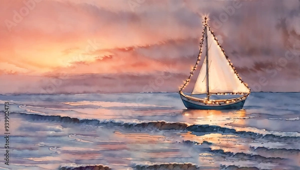 Obraz Sailboat decorated with string lights anchored near the shore at dusk. Scenic coastal landscape. Holiday celebration and maritime Christmas theme