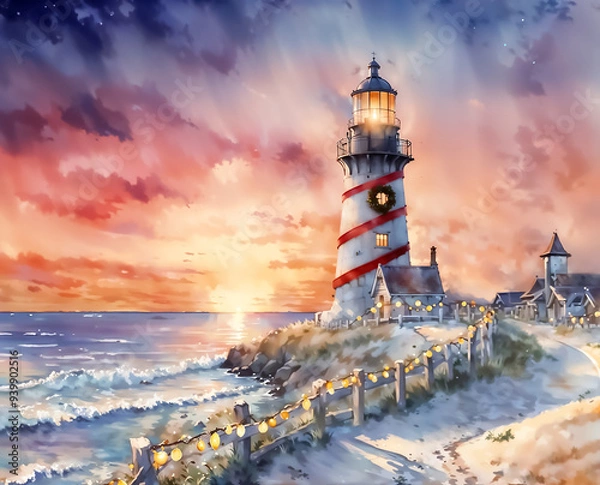Obraz Lighthouse decorated for Christmas. Coastal holiday scene with a decorated lighthouse on the shoreline