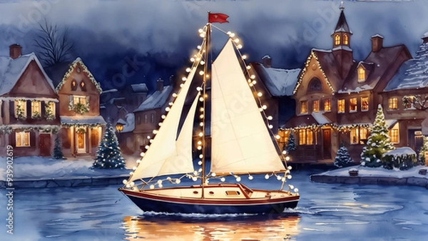 Obraz Sailboat decorated with Christmas lights sailing in the harbor by a festive village. Holiday-decorated houses and bridges in the background.