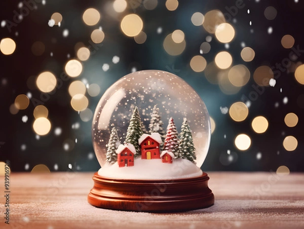 Fototapeta Empty snow globe with a red base placed on a snowy surface, set against a festive background with warm Christmas lights