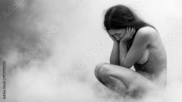 Fototapeta Lost in the Mists: A nude woman, shrouded in ethereal fog, embraces her knees in a poignant display of vulnerability and introspection.