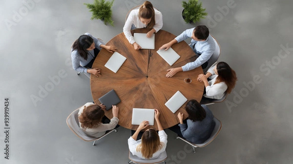 Fototapeta A diverse team of eight professionals engages in discussion and brainstorming at a round table in a contemporary office space, fostering collaboration