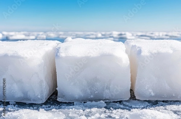 Fototapeta Frozen winter landscape with snow-covered blocks of ice