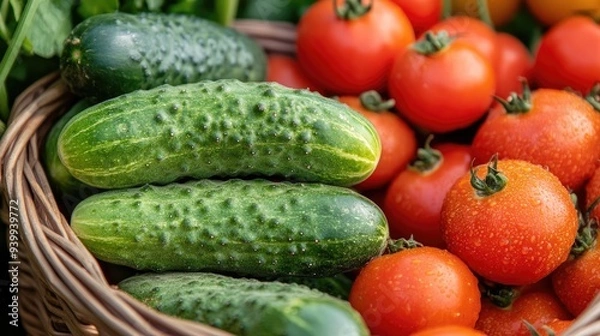 Fototapeta Close-up of organic cucumbers and tomatoes in a basket, emphasizing freshness and health