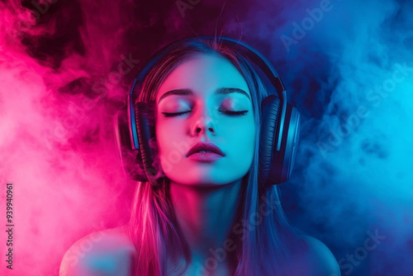 Fototapeta beautiful girl with big headphones on her head at a techno party illuminated by pink and blue party lights, generative AI