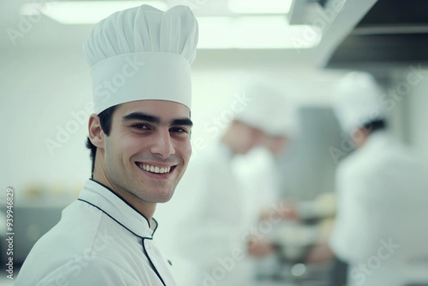 Fototapeta a chef wearing a chef's hat in the kitchen in front of other chefs cooking, generative AI