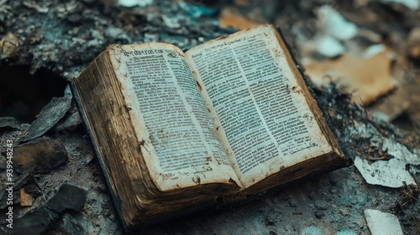 Fototapeta Resilience of Faith: An ancient book, weathered yet intact, lies open amidst the ashes and debris, a poignant symbol of hope and survival in the face of devastation. 