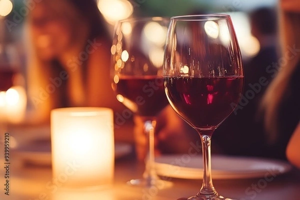 Fototapeta Two glasses of red wine on a candlelit table symbolizing romance intimacy and the warmth of shared moments in a cozy evening setting