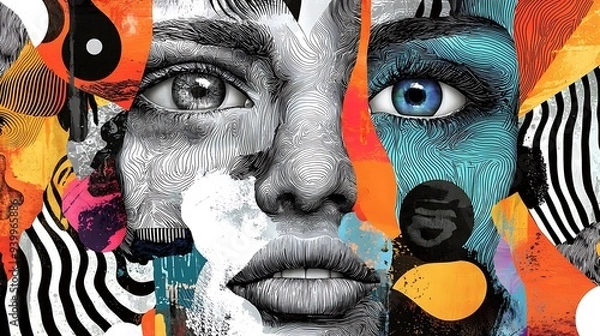 Obraz Abstract background with faces collage black and white and colours elements, psychology, stress wallpaper illustration