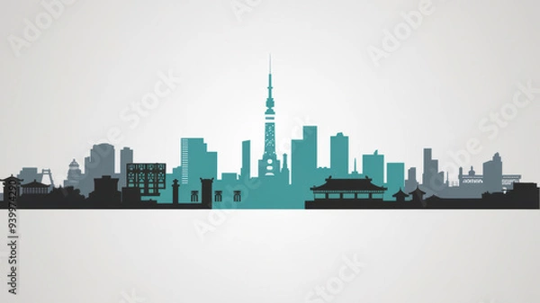 Fototapeta A minimalist vector illustration of the Japan Tokyo skyline in a white background. The design uses simple shapes and lines. There Are silhouettes of buildings in grey and turquoise.
