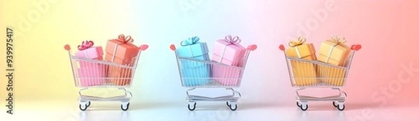 Fototapeta Shopping Cart Full of Gift Boxes on Pastel Background.