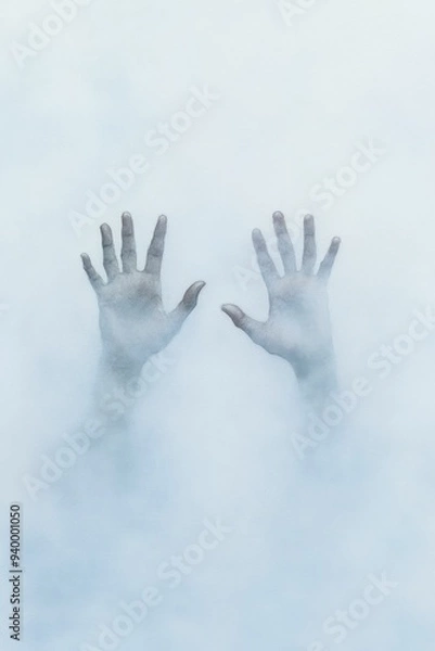Fototapeta Ethereal hands emerging from a misty watercolor haze, conjuring an atmosphere of intrigue and supernatural allure.