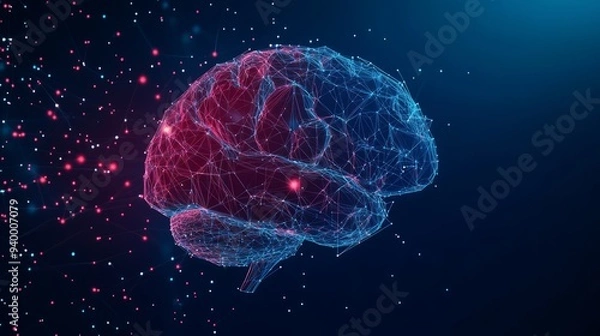 Obraz Human Brain. Best idea concept. With dark blue background. Low poly wireframe with lines, dots and glowing particles 