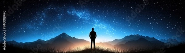 Fototapeta A silhouette of a person standing against a starry night sky, surrounded by majestic mountains and a serene landscape.