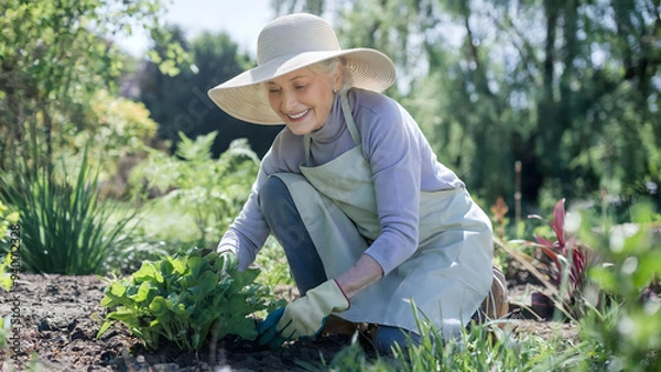 Fototapeta Elderly Woman Enjoys Peaceful Gardening in Sunlit Backyard, Nurturing Plants with Care and Joy