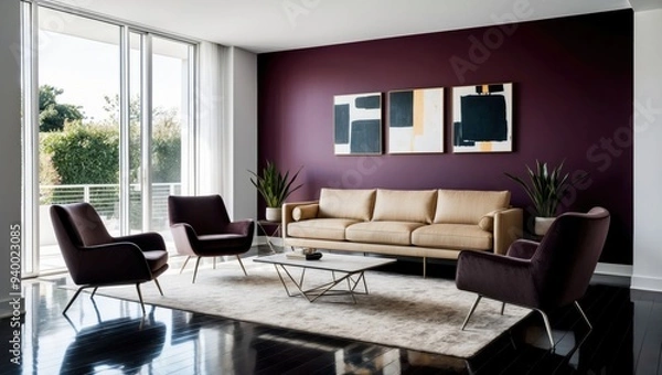 Fototapeta Modern living room with purple accent wall and designer furniture