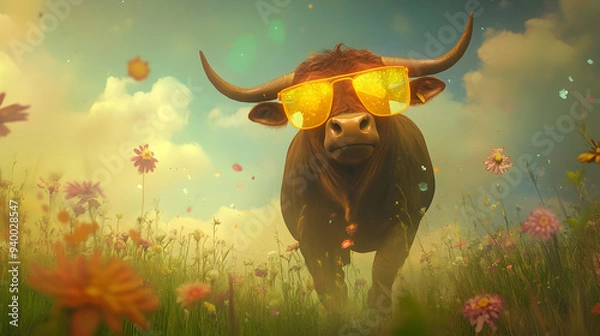 Fototapeta A surreal artwork featuring a brown bull with yellow glasses floating above a grassy field, with the glasses glowing softly