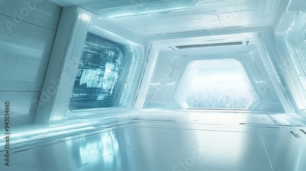 Obraz Futuristic Sci Fi Spaceship Interior Corridor with City View