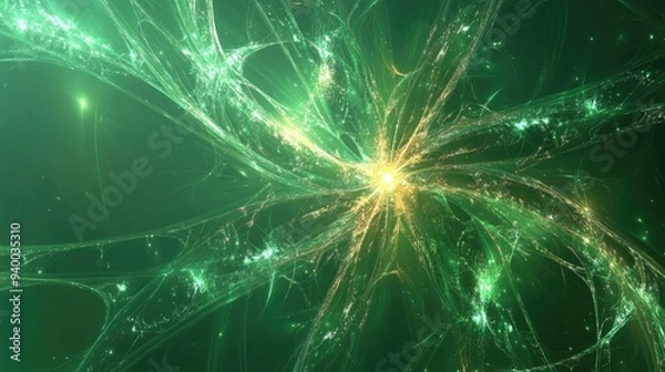 Fototapeta Abstract green background featuring a fractal explosion star with glossy elements and intricate lines