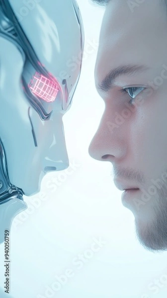 Fototapeta A man and a robot are facing each other