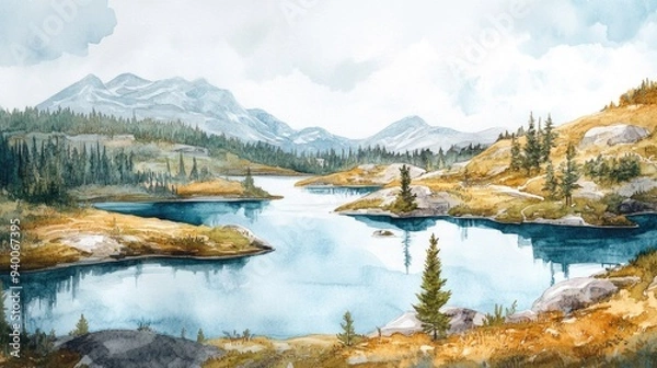 Fototapeta Watercolor illustration of a national park featuring multiple lakes