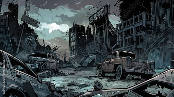 Obraz A grim comic-inspired scene set in a dystopian wasteland with crumbling buildings, rusted vehicles, and a dark, foreboding sky, in earth tones and harsh shadows.