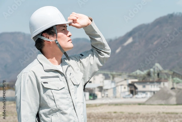 Fototapeta ヘルメットを被った作業着姿のアジア人男性作業員
