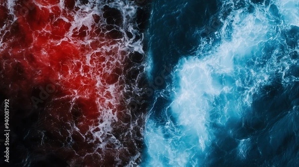 Fototapeta Abstract aerial view of red and blue ocean waters meeting, symbolizing the contrast between red ocean (competitive) and blue ocean (innovative) market strategies in business.