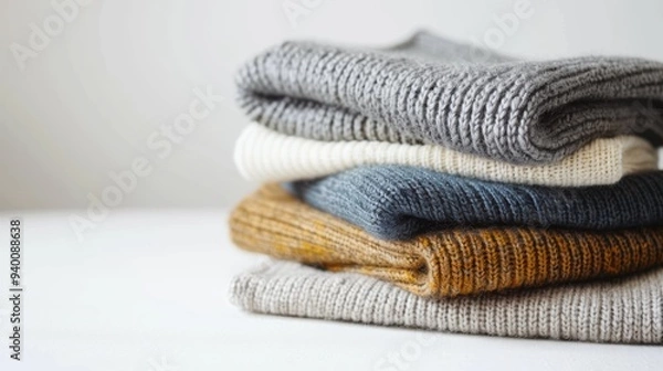 Obraz Stack of folded knitted sweaters on white table
