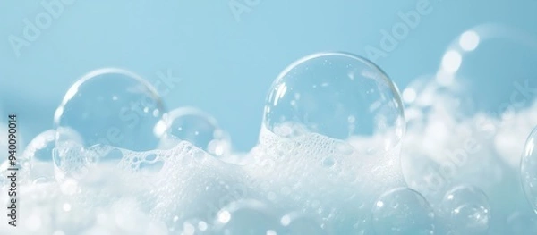 Obraz Macro shot of white soap foam bubbles spread across a blue background, highlighting the texture and details of the bubbles in a fresh and clean setting.
